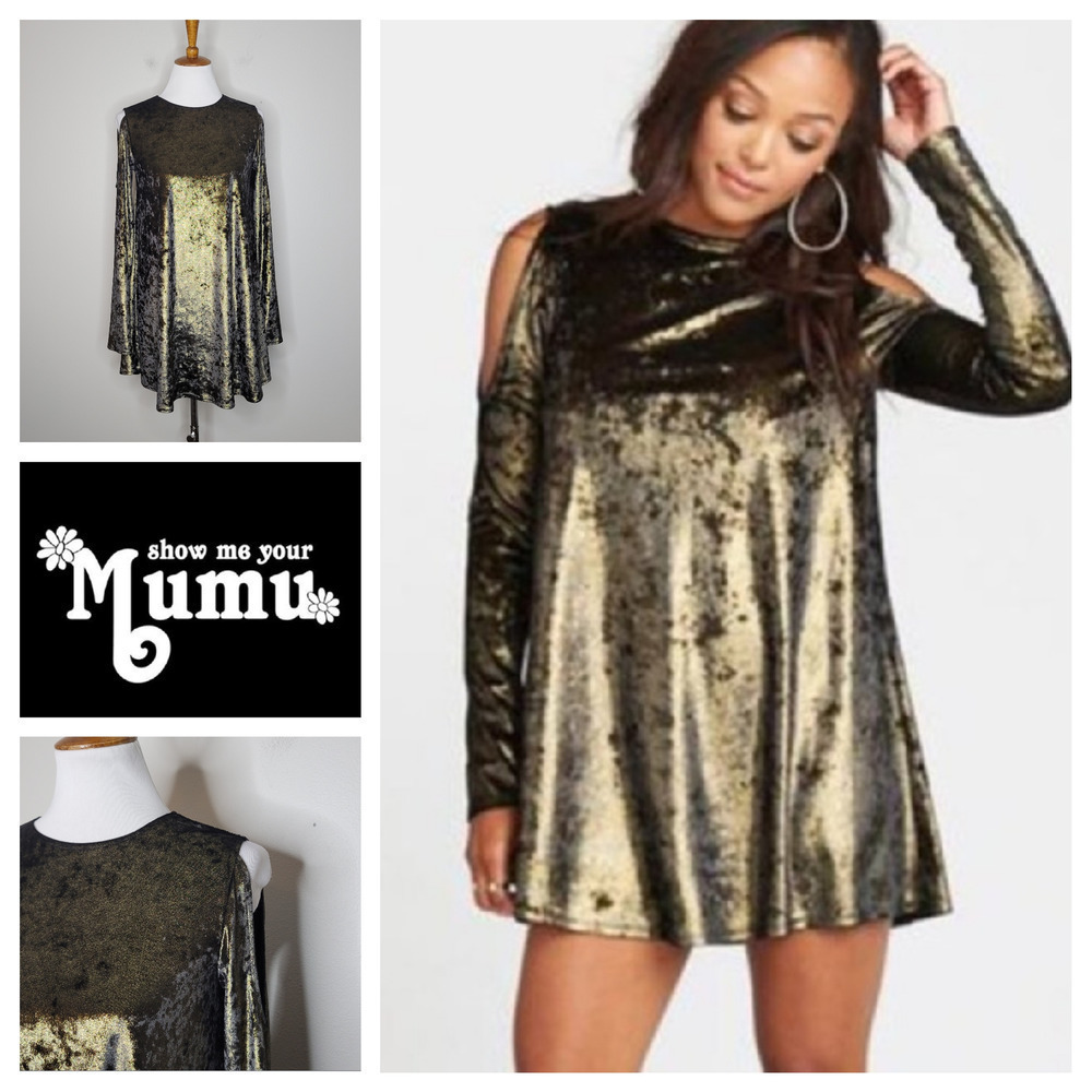 Show Me Your Mumu Gold Black Metallic Cold Shoulder Long Sleeve Mini Dress